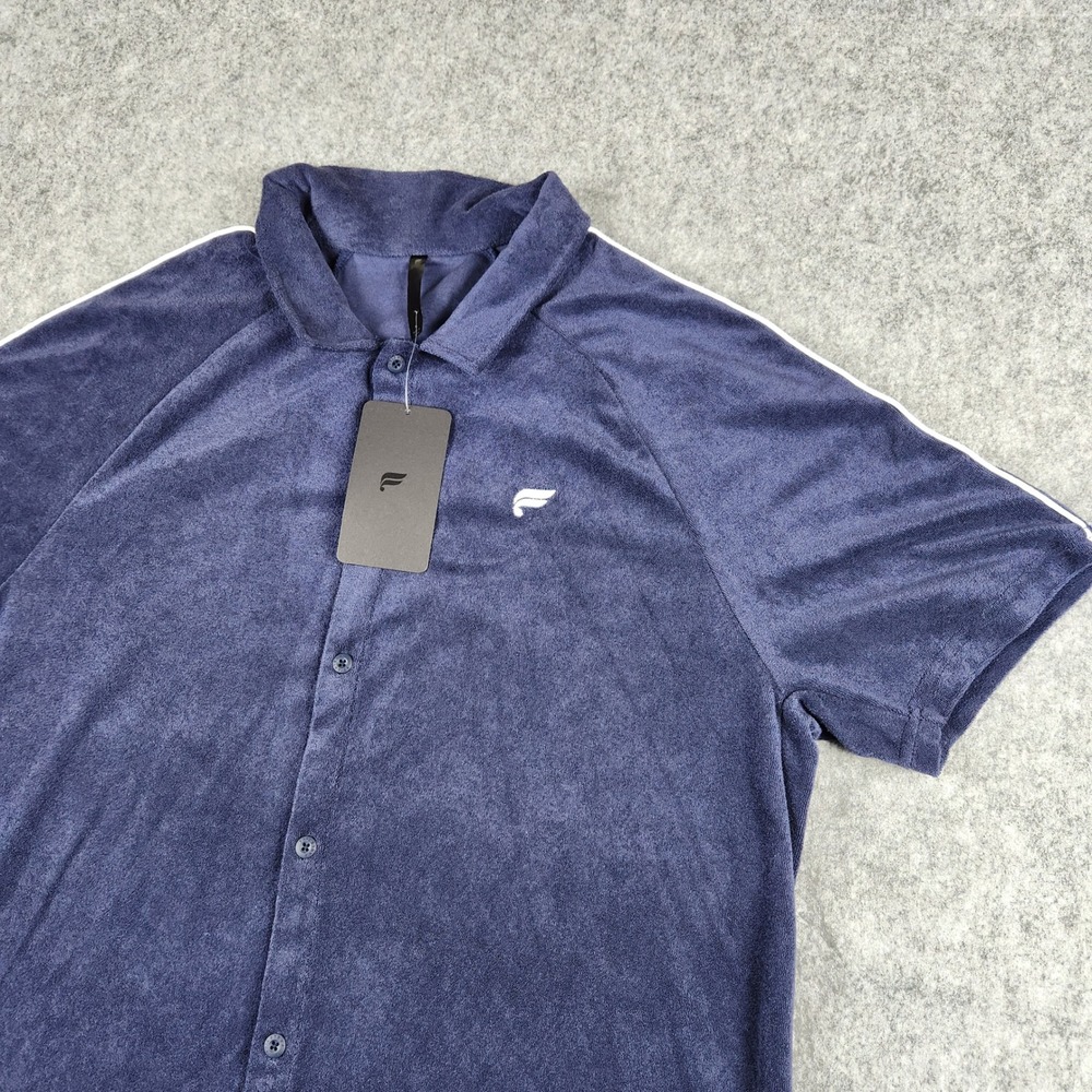 NWT Fabletics Island Terry Button Up Shirt Men XL Navy Short Sleeve Casual Top